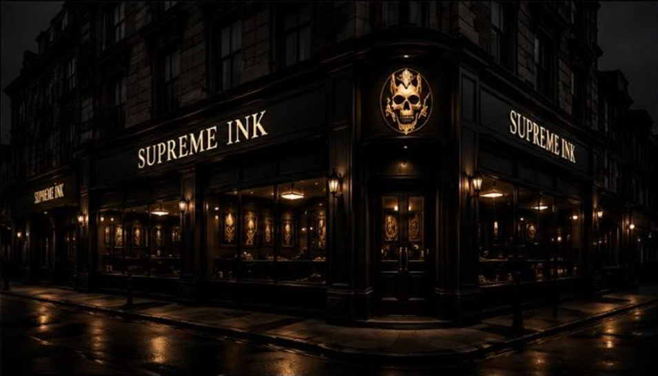 Supreme Ink Studio-Außenansicht bei Nacht