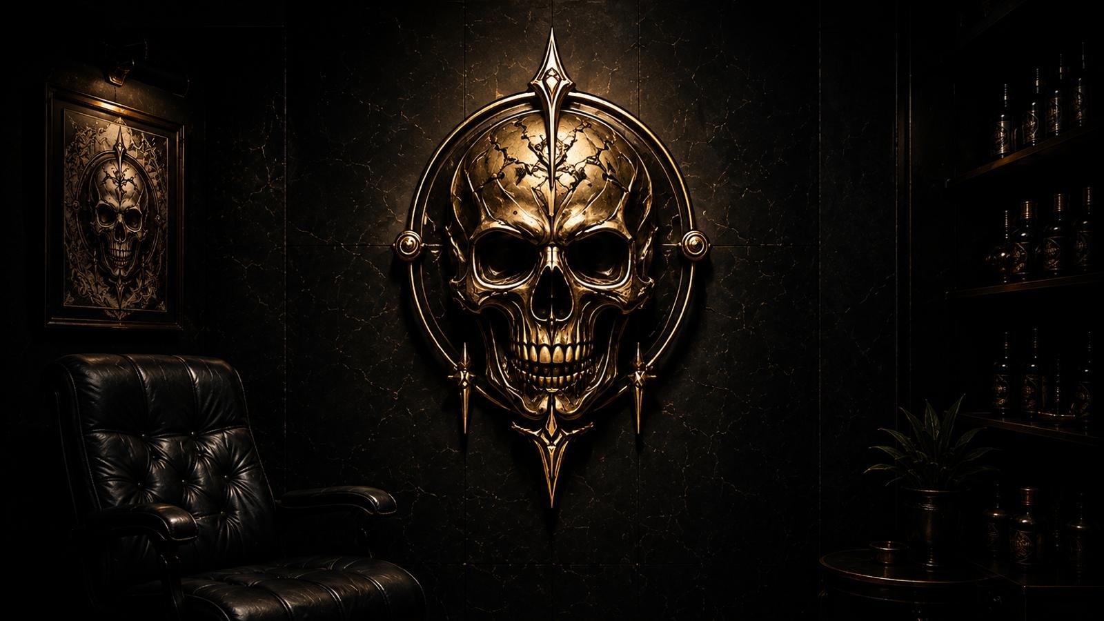Supreme Ink studio interior with golden skull emblem